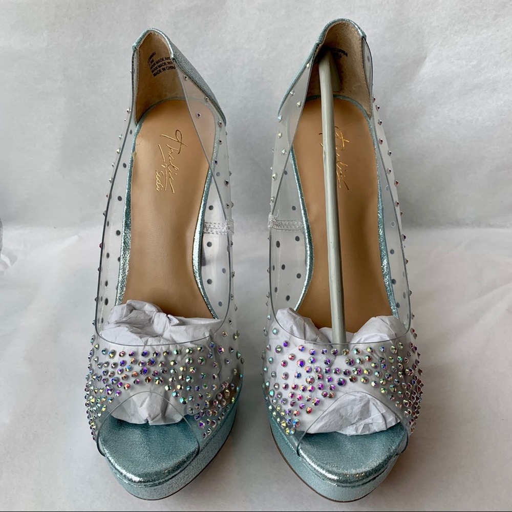 Thalia Blue Vinyl Peep Toe Pumps w/ Rhinestones
